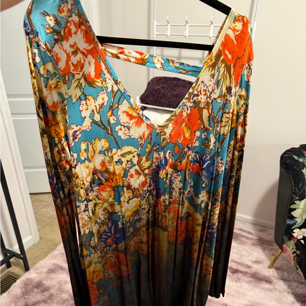 Free People Floral Long Sleeve Dress - Blue and Orange